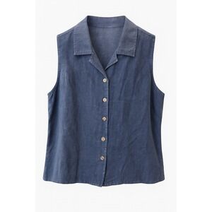 Vtg 90s Focus USA Women's Sleeveless Button Up Shirt Blue Linen‎ Blend Size L